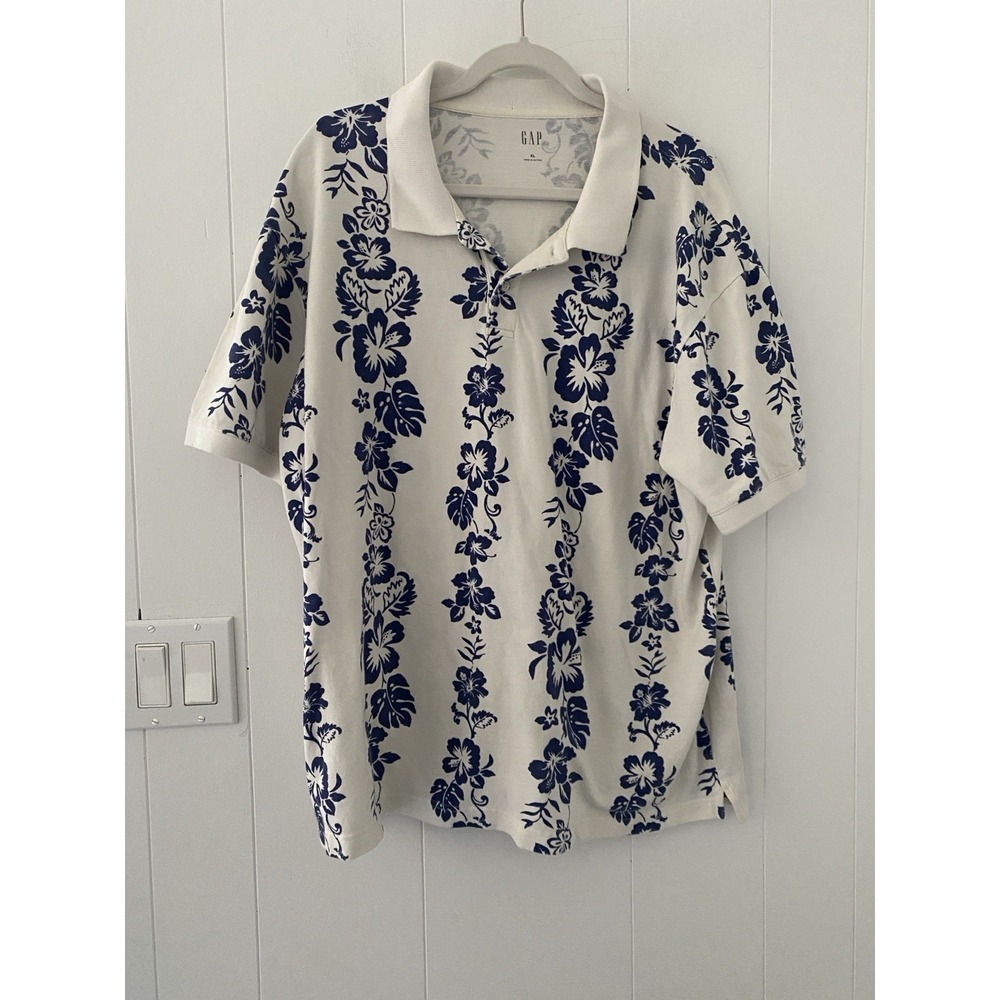 Gap Printed Pique Mens XL Polo Shirt Blue‎ White Floral Cotton
